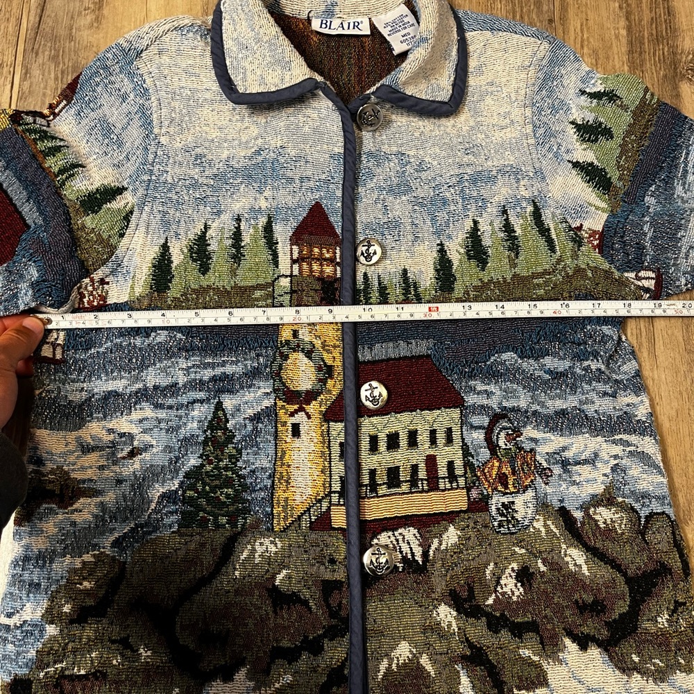 VTG 90s Blair Holiday Lighthouse Snowman Tapestry Jacket Nautical Anchor Medium - Picture 3 of 14
